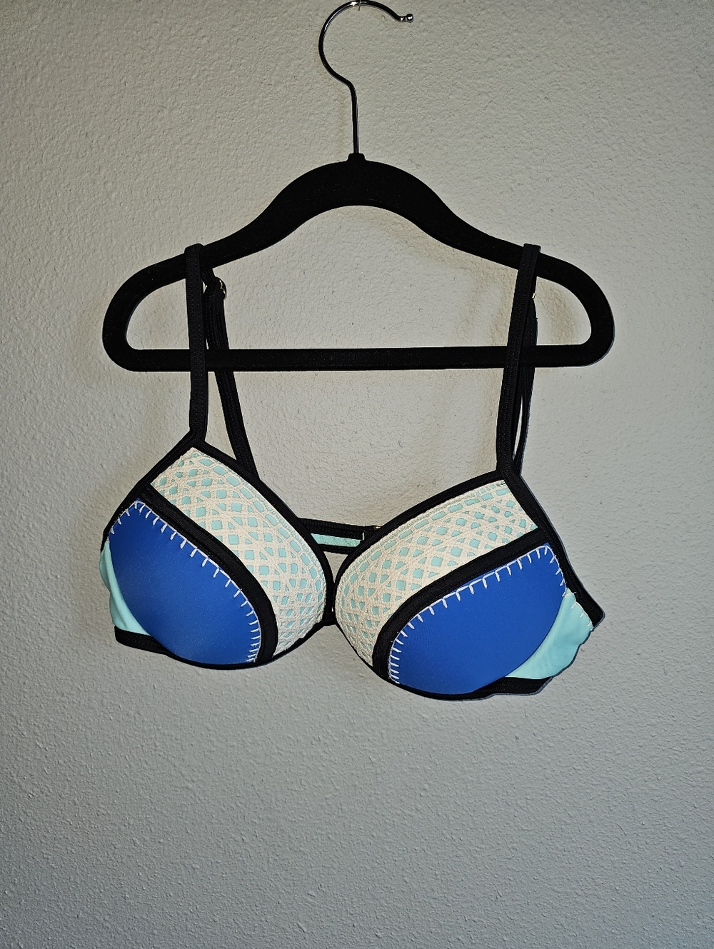 Blue & Cream Mesh Boho Push Up Bikini Top Size Medium